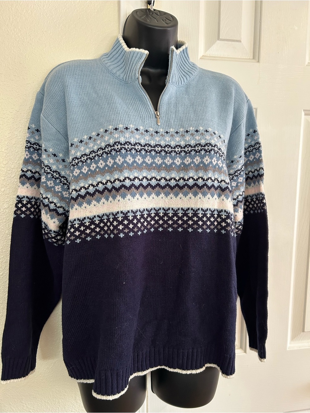 Jennifer Moore Light Blue, Navy & White Fair Isle Half-Zip Sweater
